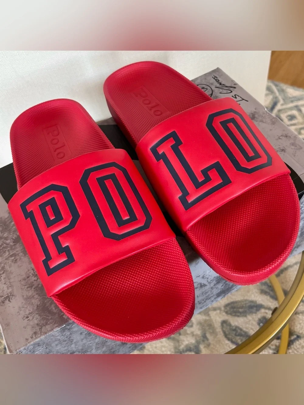 Polo Ralph Lauren Cayson Mens Slides Size 13 Red Navy Blue Spell Out Sandals